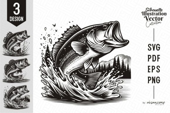 Bass Fish Jumping Silhouette Bundle: Graphics & Illustrations