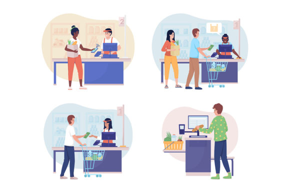Buying Groceries in Shop Illustrations & Graphics