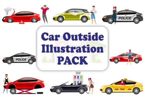 People with Automobiles Illustrations for Modern Graphics